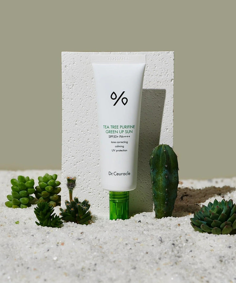 DR.CEURACLE Tea Tree Purifine Green Up Sun 50ml, tube SPF sur fond sable avec plantes cactus, contexte soleil et été.