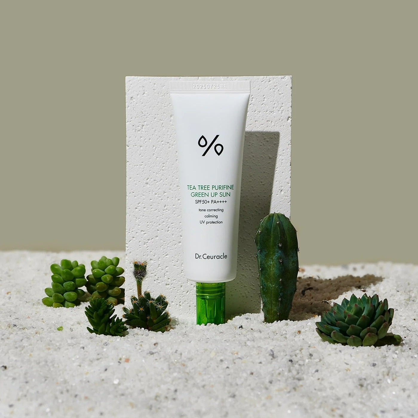 DR.CEURACLE Tea Tree Purifine Green Up Sun 50ml, tube SPF sur fond sable avec plantes cactus, contexte soleil et été.