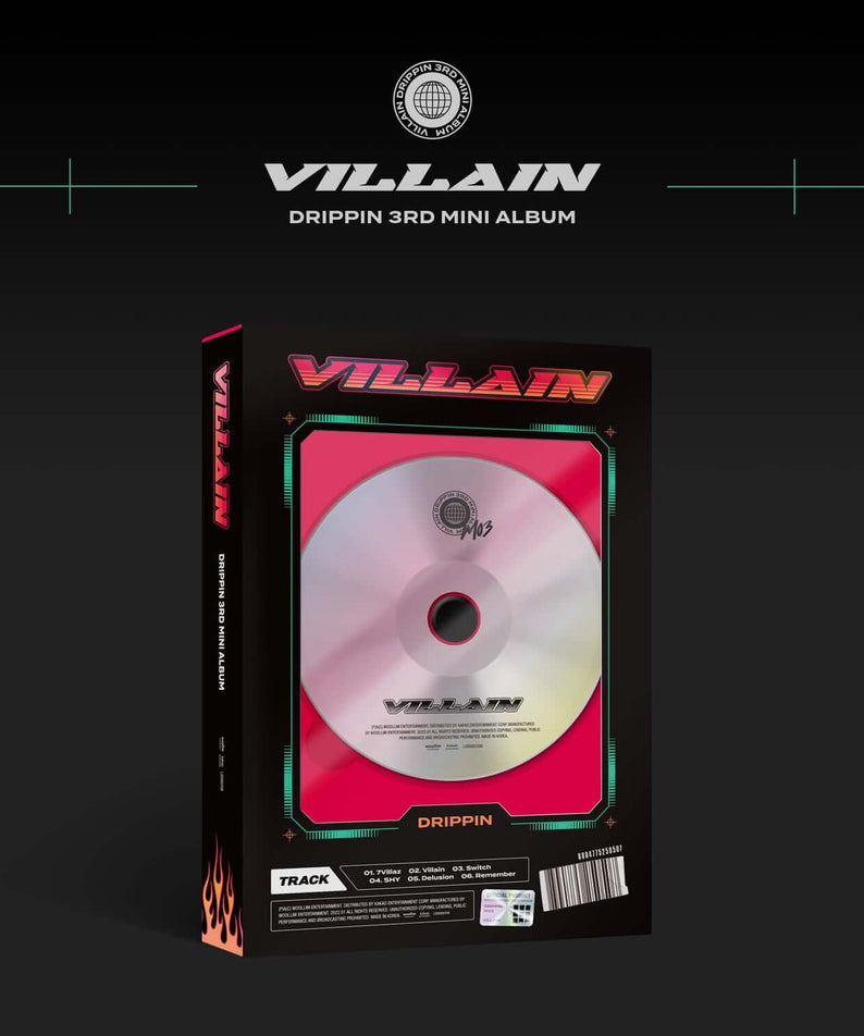 DRIPPIN - 3rd Album [Villain] A ver. - Album Kpop, pochette noire “VILLAIN” avec CD et visuel feu, marque DRIPPIN.