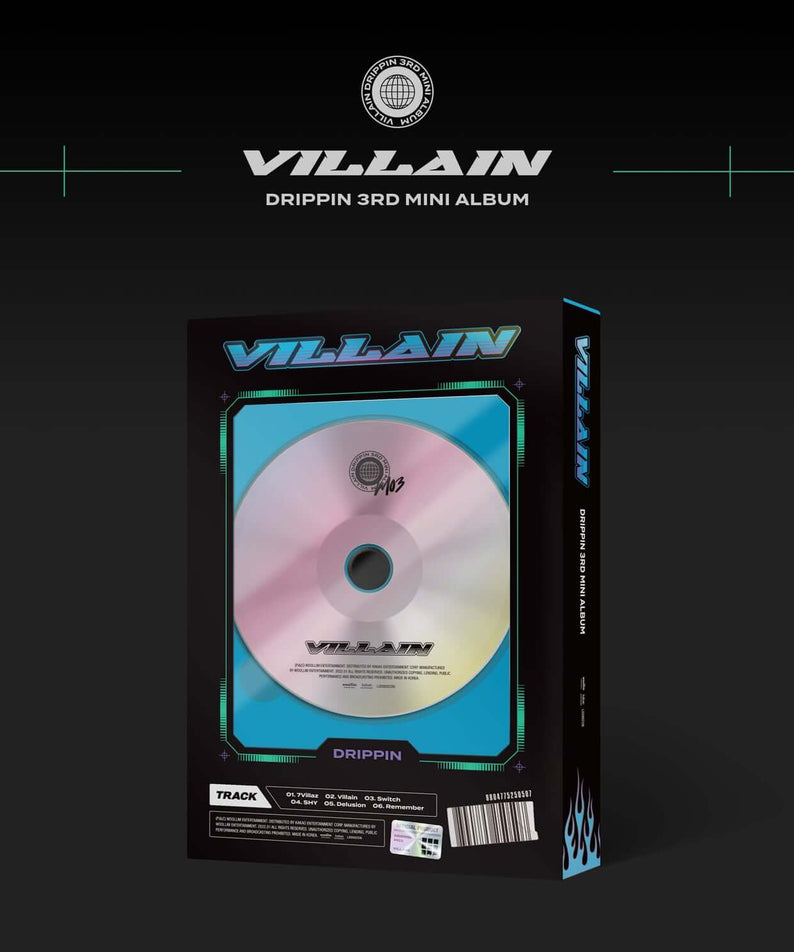 DRIPPIN - 3rd Album [Villain] B ver. - Album Kpop, jaquette noire “VILLAIN” et boîtier CD en studio.
