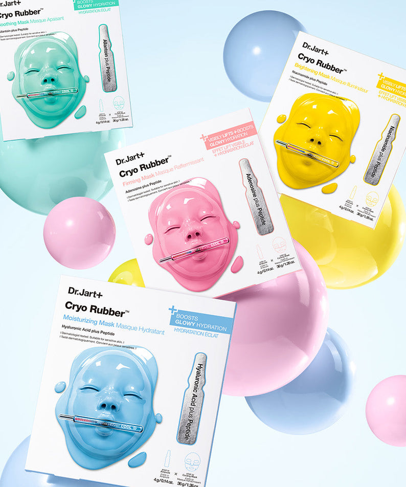 DR.JART+ Cryo Rubber Masks 4 Types : masques en caoutchouc cryo multicolores, produits Dr.Jart+ sur fond bleu/rose.