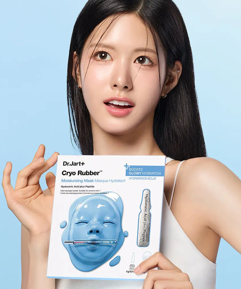 DR.JART+ Cryo Rubber Masks 4 Types, masque en caoutchouc cryo, la marque DR.JART+ présentée avec femme sur fond bleu.
