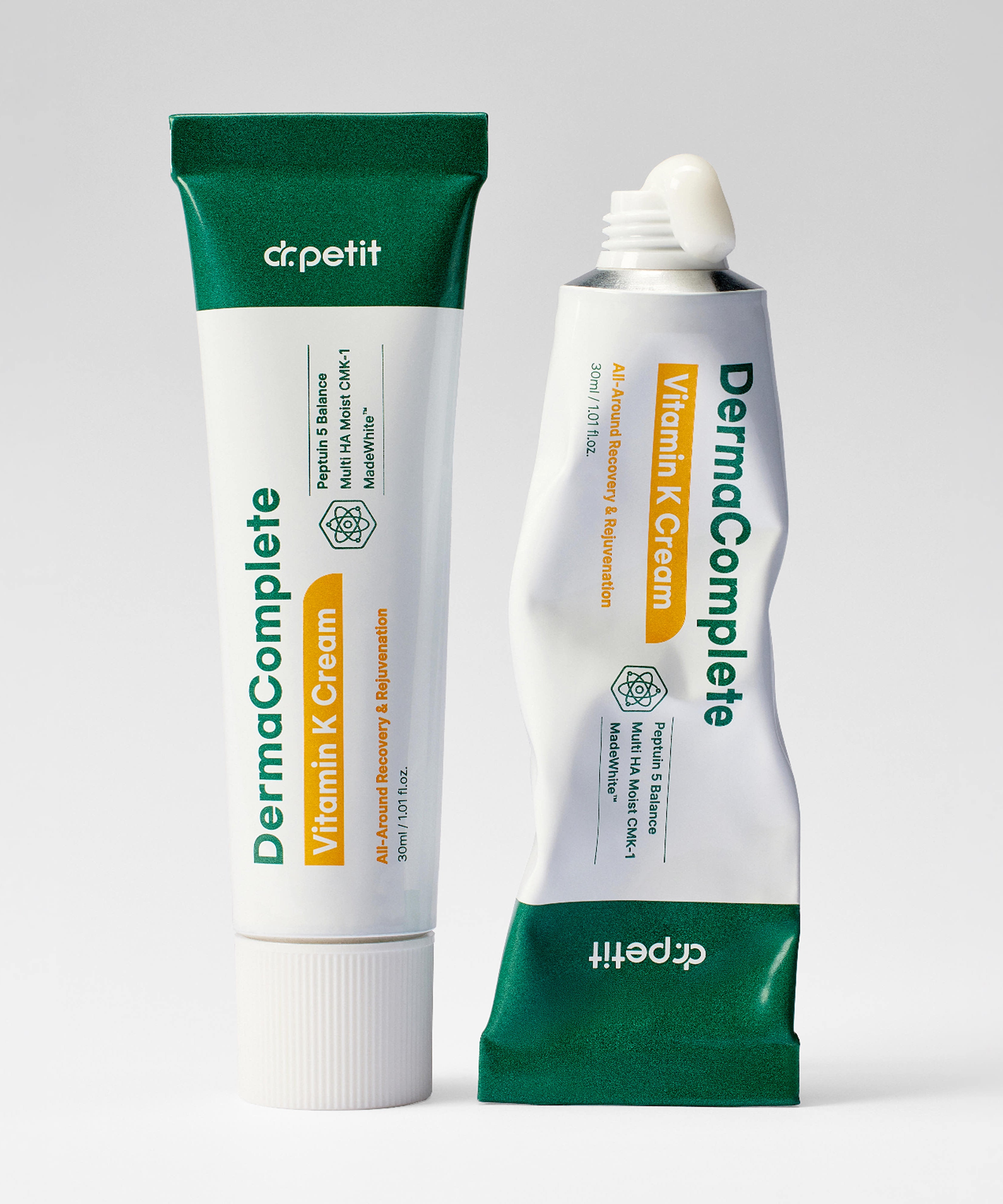 DR.PETIT Derma Complete Vitamin K Cream 30ml : tube et crème sur fond blanc, marque Dr.Petit, contexte cosmétique.