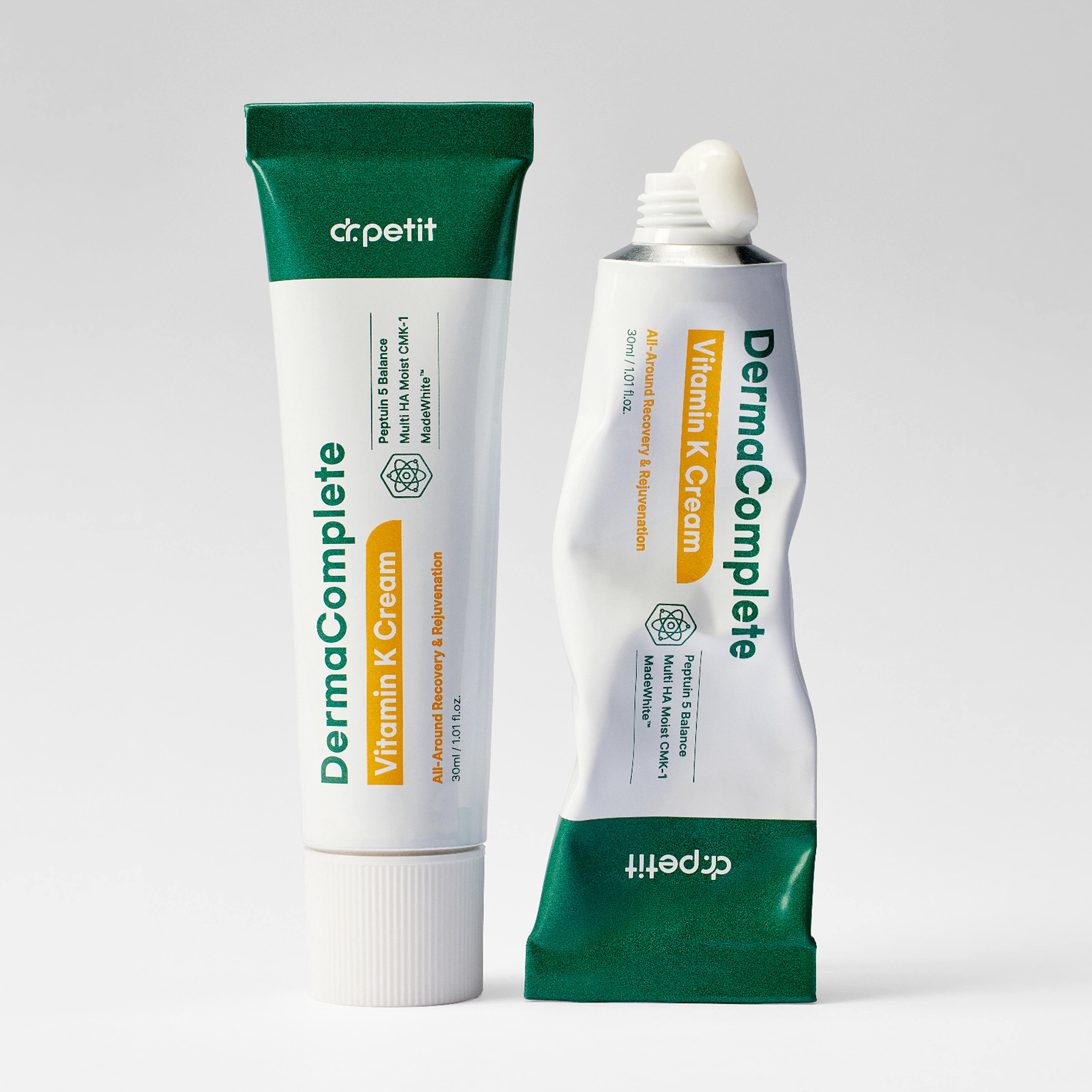 DR.PETIT Derma Complete Vitamin K Cream 30ml : tube et crème sur fond blanc, marque Dr.Petit, contexte cosmétique.