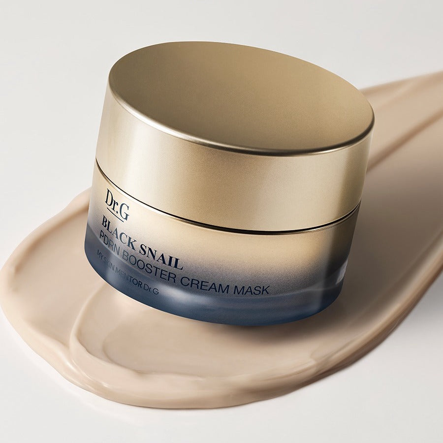 Dr.G Black Snail PDRN Booster Cream Mask 50mL, pot de la marque Dr.G sur fond crème, vue produit en studio.