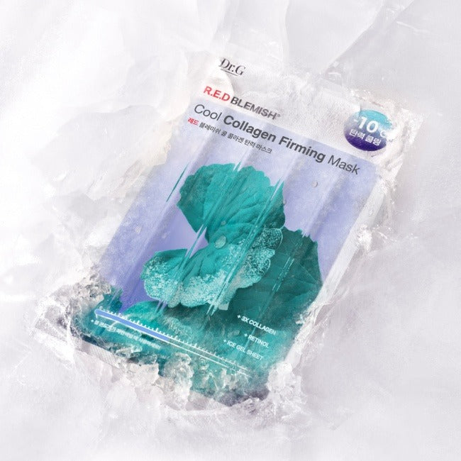 Dr.G Red Blemish Cool Collagen Elasticity Mask 10 Sheets, masque au collagène rafraîchissant, marque DR.G, emballage en photo