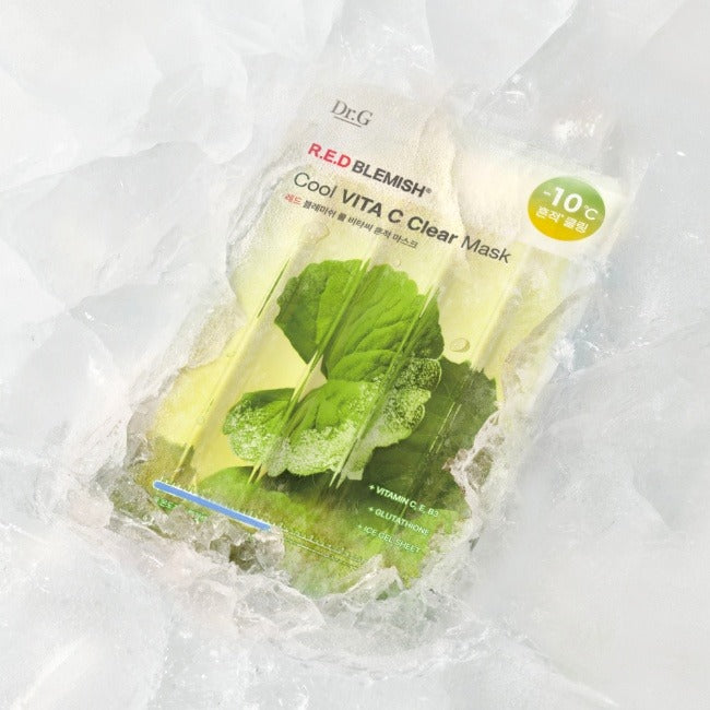 Dr.G Red Blemish Cool Vita C Trace Mask 10 Sheets, masque anti-imperfections Dr.G, en sachet sur fond blanc avec glace -10°C