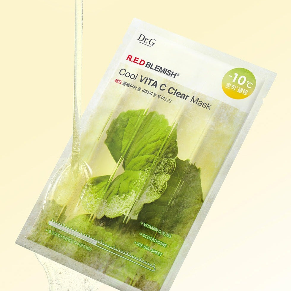 Dr.G Red Blemish Cool Vita C Trace Mask 10 Sheets : masque visage vert rafraîchissant de la marque, en sachet.
