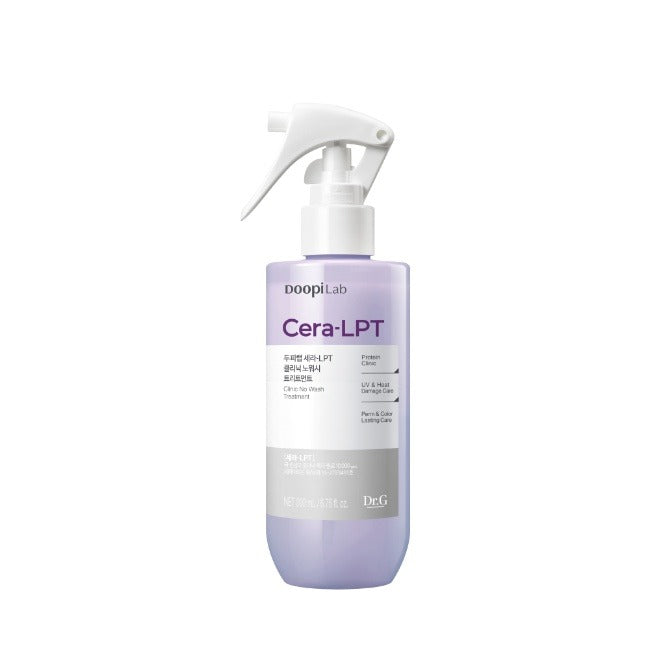 Décris l’image en français : Dr.G Scalp Lab Sera-LPT Clinic No-Wash Treatment 200mL, flacon spray violet Dr.G.