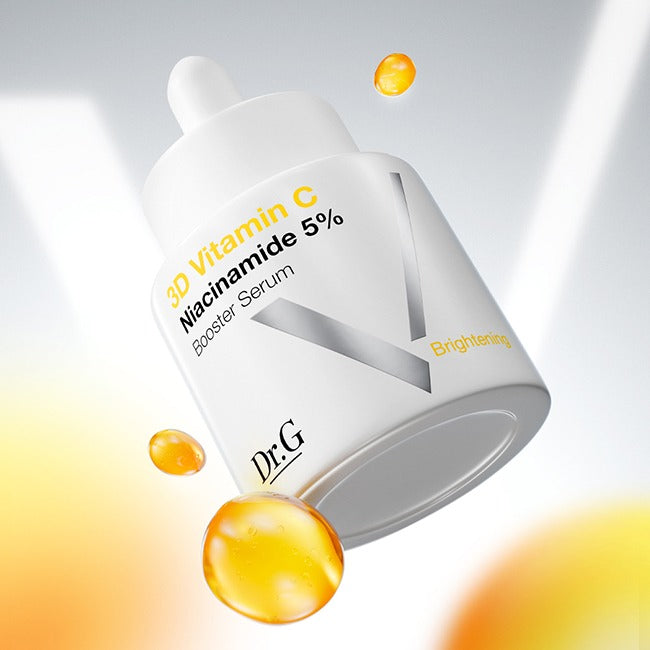 Décris l'image en français: Dr.G Vitamin C Booster Brightening Serum 30ml de la marque Dr.G, flacon blanc sur fond lumineux.