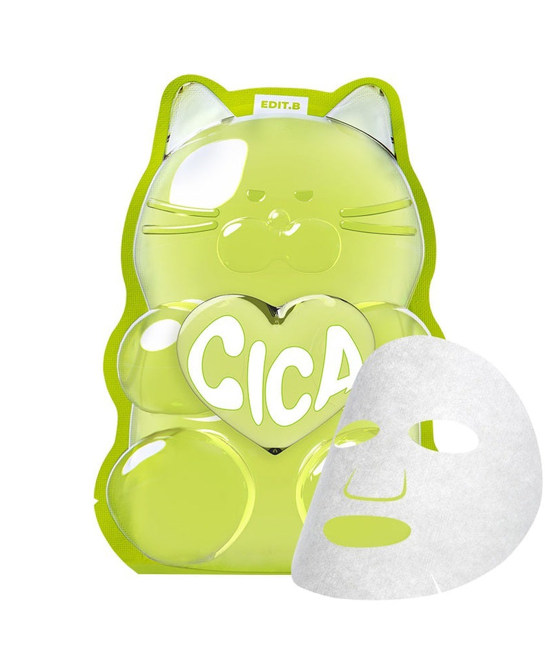 Masque en gomme EDIT.B Waterfull Gumi Mask Cica avec dessin de chat vert, soin du visage hydratant et apaisant.