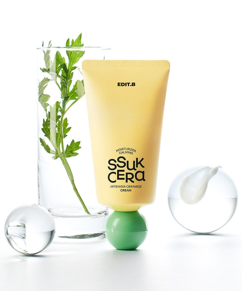 EDIT.B Moisturizing Soothing Mugwort Ceramide Cream 100ml en tube crème, marque EDIT.B, contexte botanique mugwort sur fond blanc