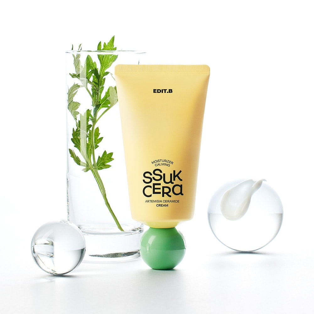 EDIT.B Moisturizing Soothing Mugwort Ceramide Cream 100ml en tube crème, marque EDIT.B, contexte botanique mugwort sur fond blanc