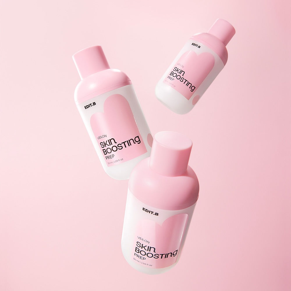 EDIT.B Veil On Skin Boosthing Prep 50ml, flacons EDIT.B roses sur fond rose pastel, packaging skincare.