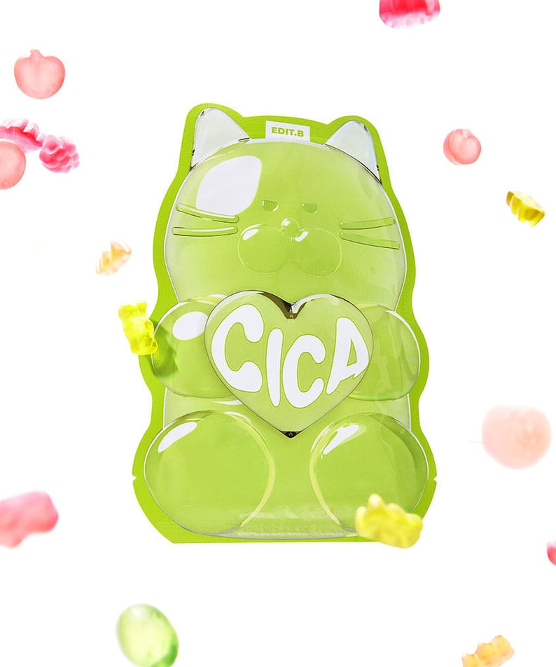 EDIT.B Waterfull Gumi Mask Cica de la marque, masque en gel vert avec motifs, sur fond blanc décoré.