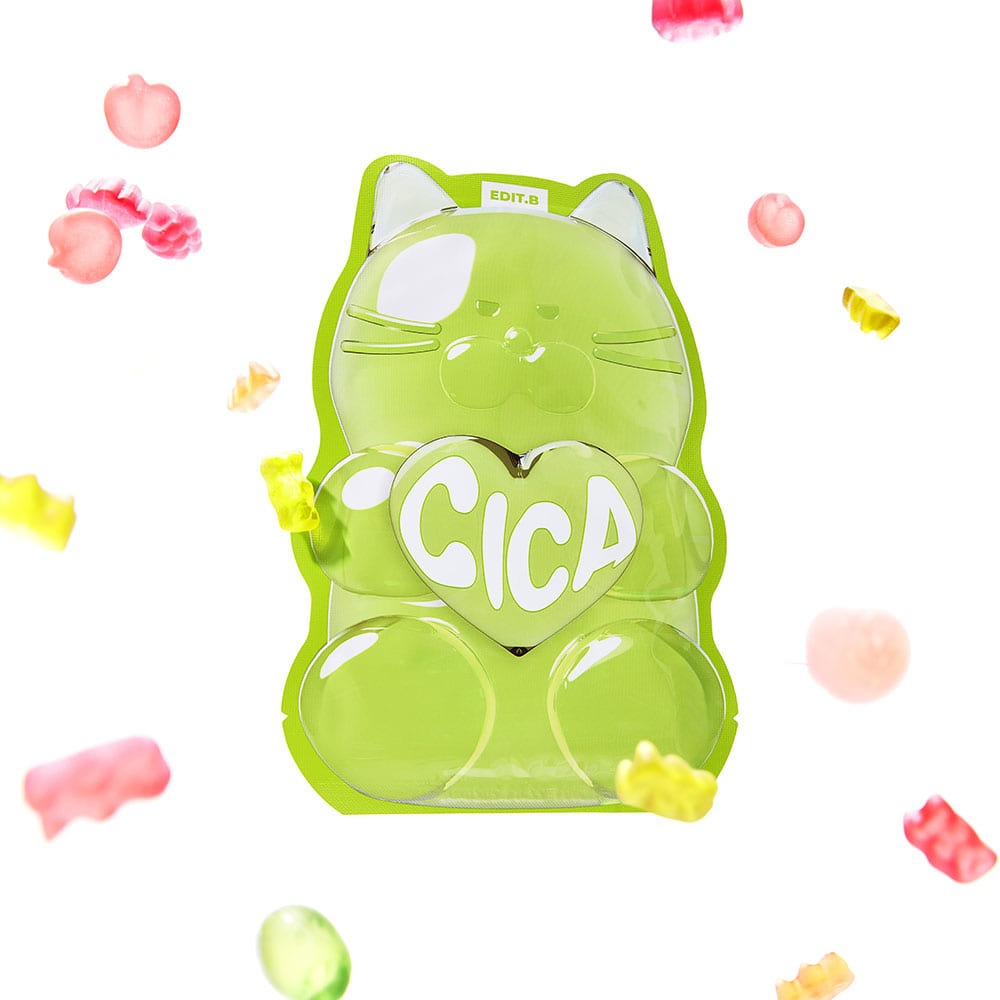 EDIT.B Waterfull Gumi Mask Cica de la marque, masque en gel vert avec motifs, sur fond blanc décoré.