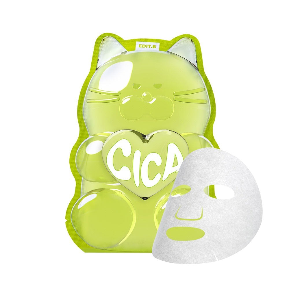 EDIT.B Waterfull Gumi Mask Cica de la marque EDIT.B, masque gélatineux chat Cica, fond blanc, avec feuilles de cica.