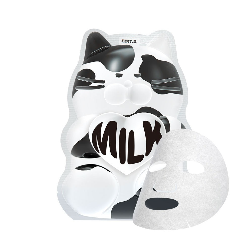 EDIT.B Waterfull Gumi Mask Milk de EDIT.B : masque au lait en tissu, motif chat panda, packaging sur fond blanc.