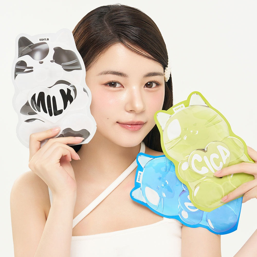 EDIT.B Waterfull Gumi Mask Ocean, masque gélifié océan, sur mannequin tenant plusieurs masques, fond blanc studio