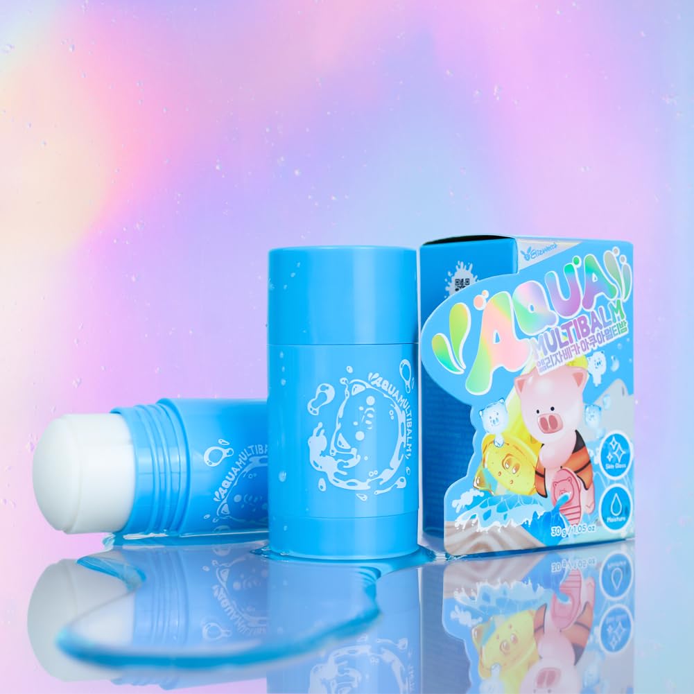 ELIZAVECCA Aqua Multi Balm 30g de la marque ELIZAVECCA, crème hydratante bleue sur fond pastel et miroir, photo produit.