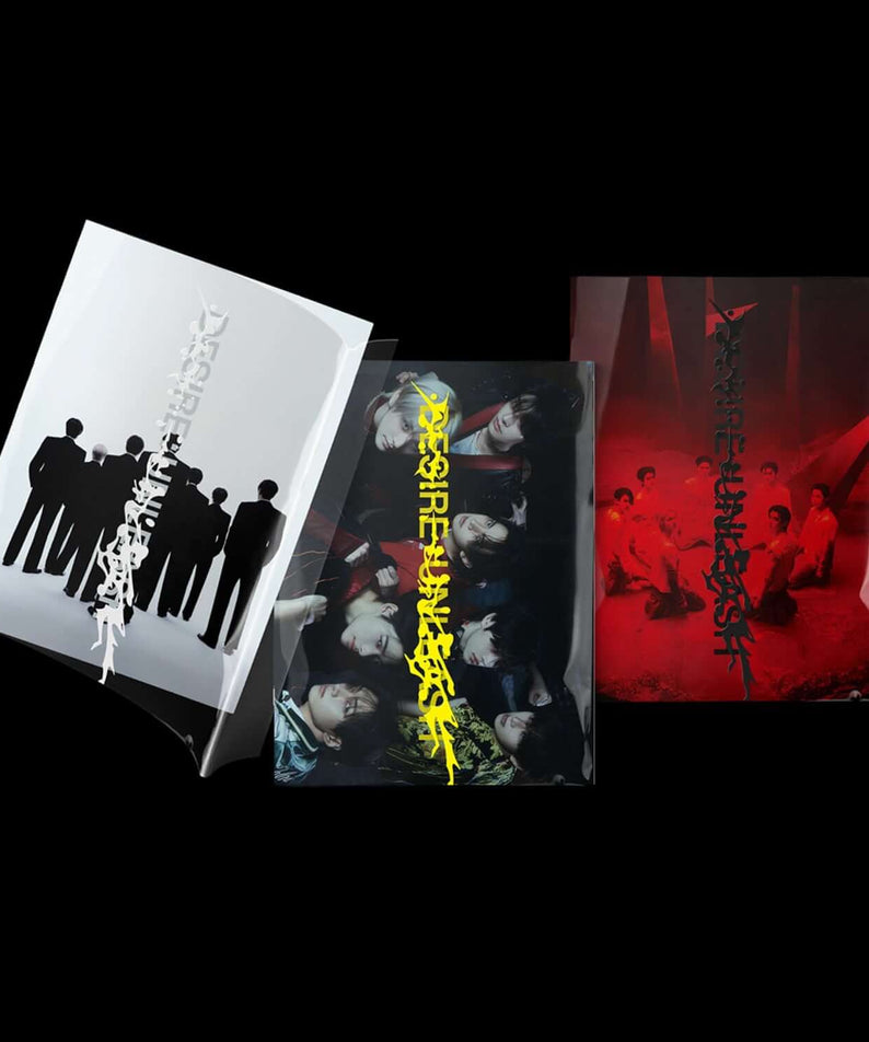 ENHYPEN - 6th Album [DESIRE : UNLEASH] (Set of 3) - Album Kpop, coffret complet sur fond noir, visuels colorés.