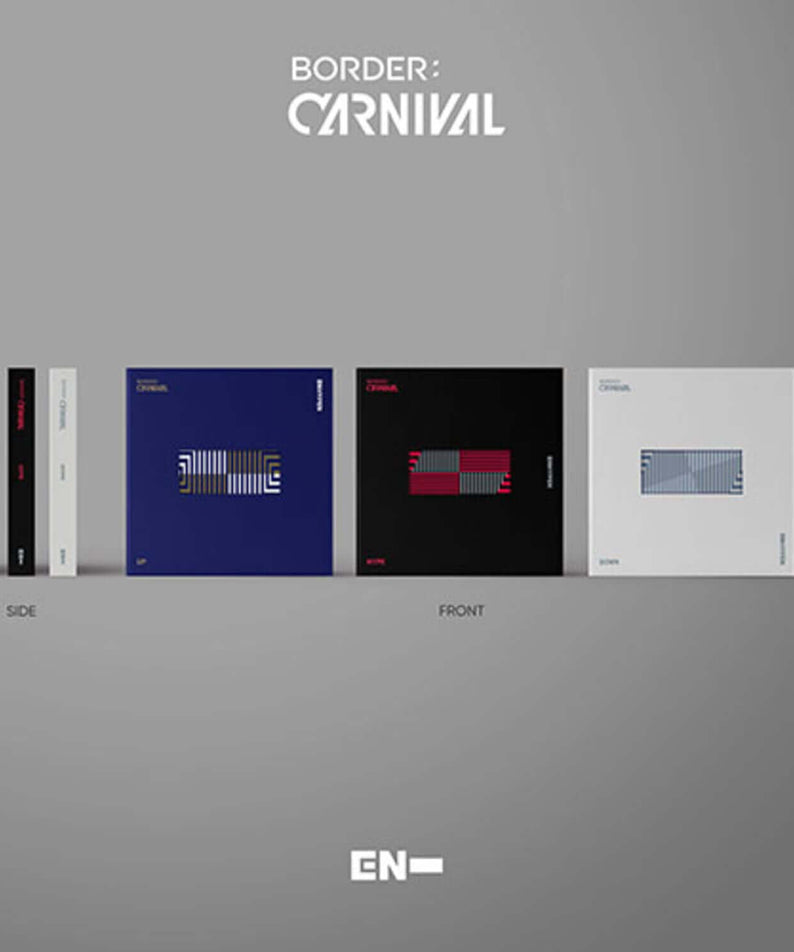 ENHYPEN - [BORDER : CARNIVAL] (UP / HYPE / DOWN Ver.) - Album Kpop, visuels UP/HYPE/DOWN sur boîtiers, fond gris.