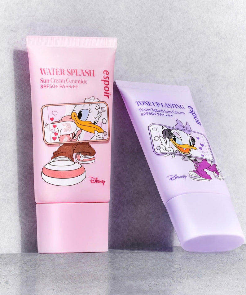 ESPOIR Water Splash Sunscreen Tone Up Lasting [Disney Edition] crème SPF avec design Disney, flacons sur fond clair