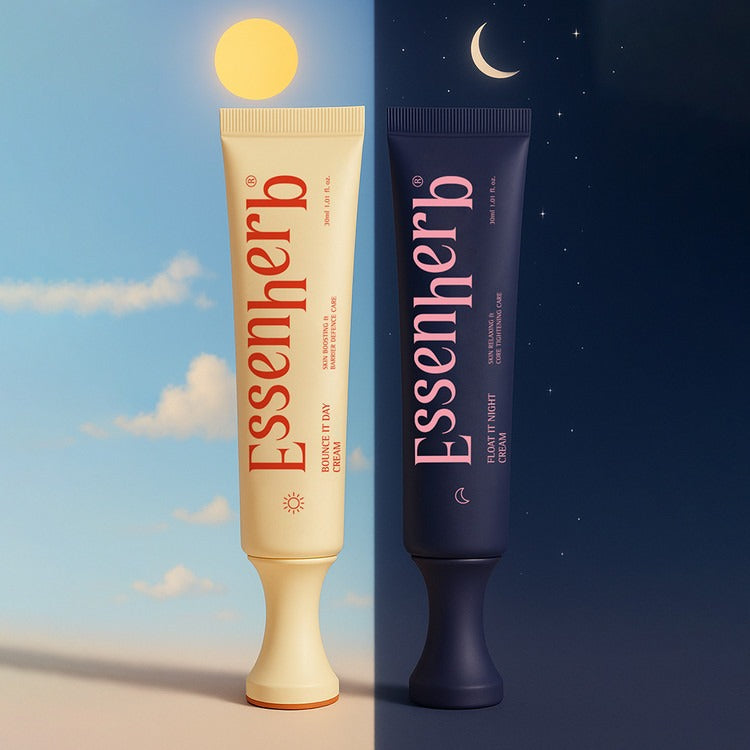 ESSENHERB  Day To Night Routine Program 30ml, crème tube sur fond ciel jour & nuit avec marque visible