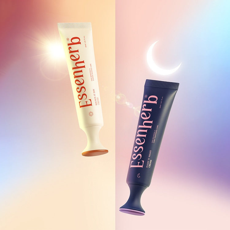 ESSENHERB  Day To Night Routine Program 30ml, tube crème Essentials en fond dégradé lumineux avec lune, ambiance jour/nuit