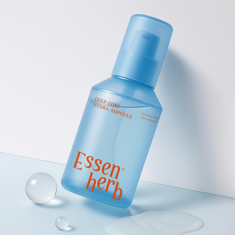 ESSENHERB  Deep Core Hydra Ampoule 120ml, flacon bleu sur fond clair avec textures hydratantes, vue produit en studio