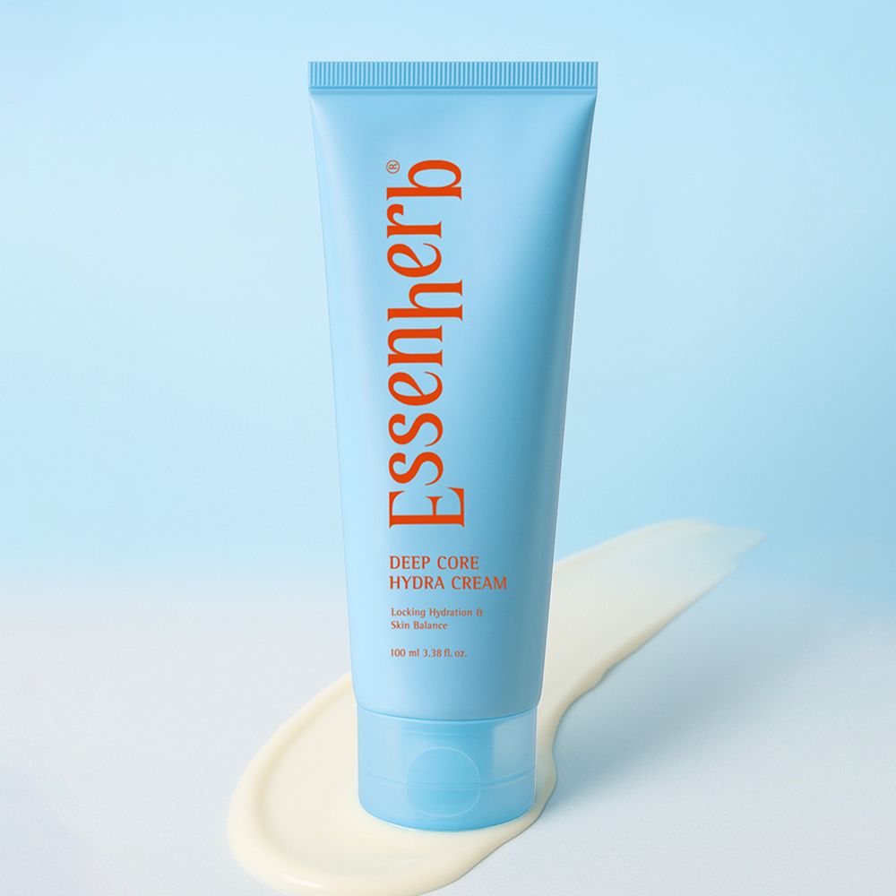 ESSENHERB Deep Core Hydra Cream 100ml, tube bleu sur fond clair, texture crème hydratante, produit de la marque.