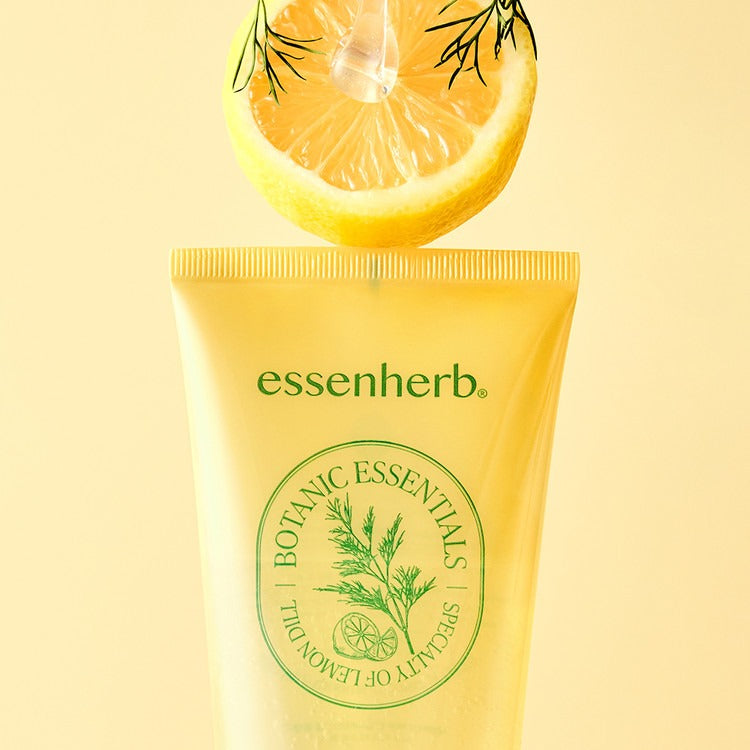 ESSENHERB  Lemon Dill Glazed Gel Cleanser 150ml : gel nettoyant essenherb avec citron et aneth, fond jaune lumineux.