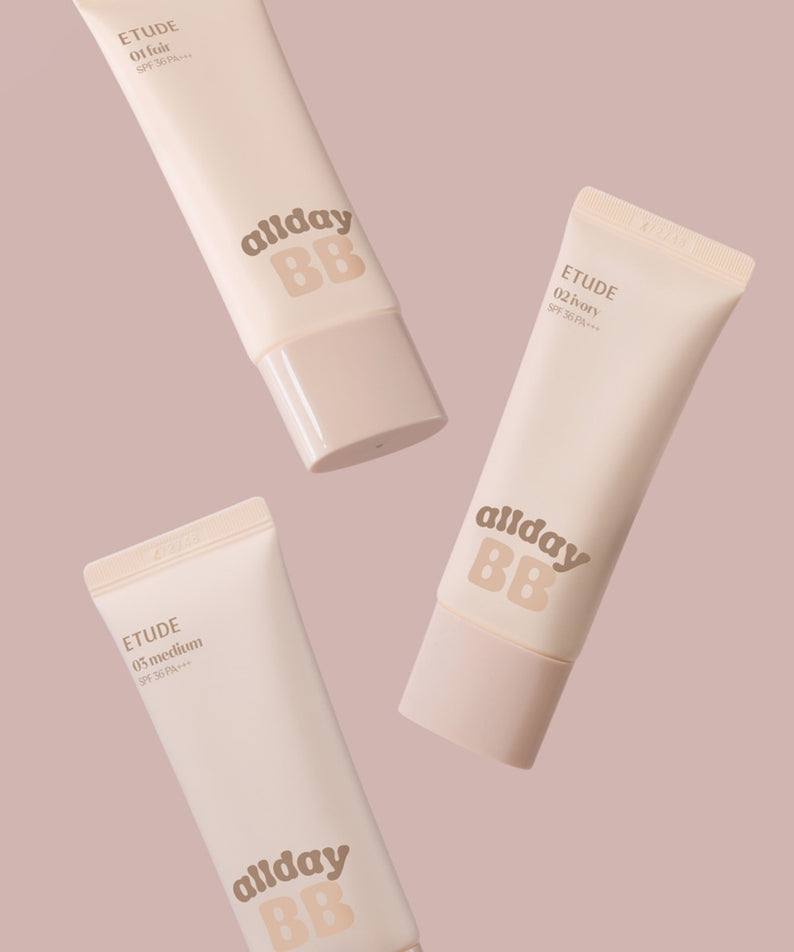 ETUDE All Day Clear BB Cream SPF36/PA+++ 35ml de la marque ETUDE, tubes cosmétiques sur fond rose pastel