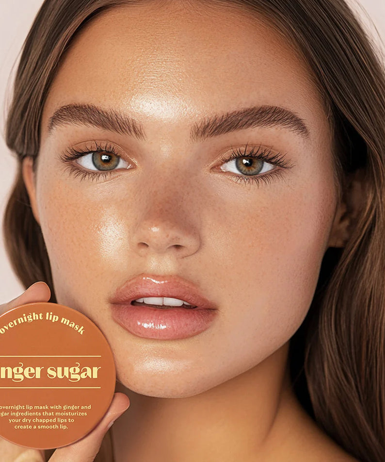 Décris l’image en français: ETUDE Ginger Sugar Lip Care 2-piece Set, marque ETUDE, masque lèvres en pot, visage maquillé.