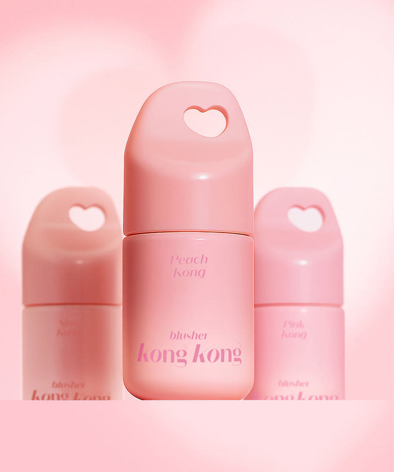 Décrivez l’image en français : ETUDE Kongkong Blusher 7g, marque ETUDE, packaging rose sur fond pastel avec cœurs.