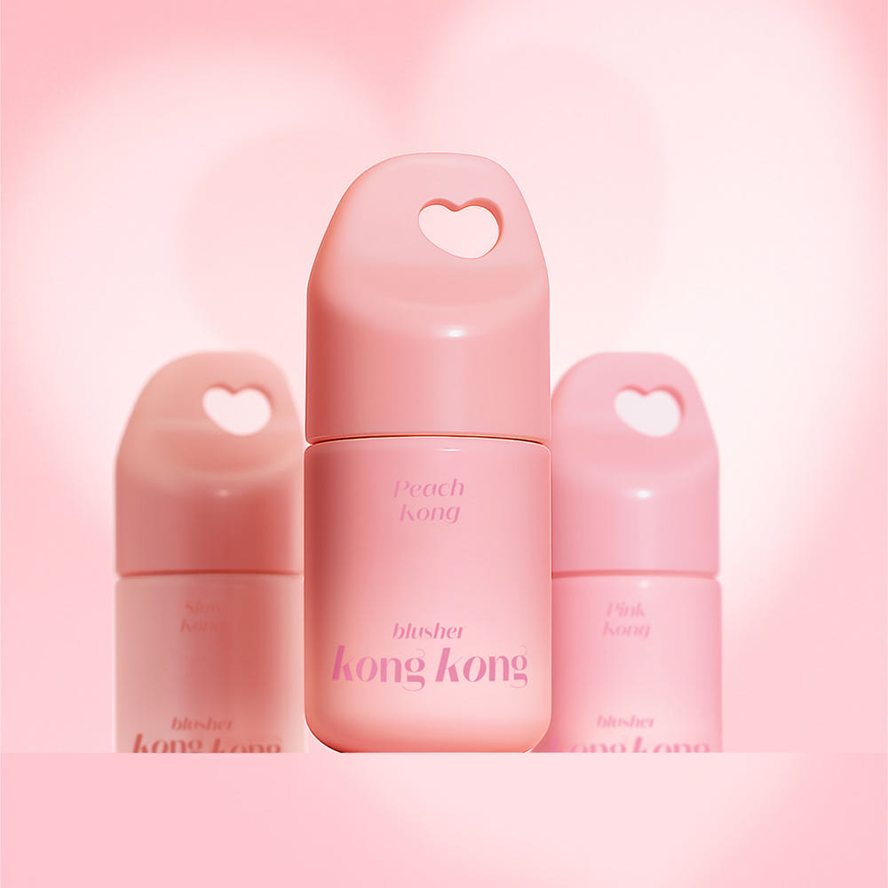 Décrivez l’image en français : ETUDE Kongkong Blusher 7g, marque ETUDE, packaging rose sur fond pastel avec cœurs.
