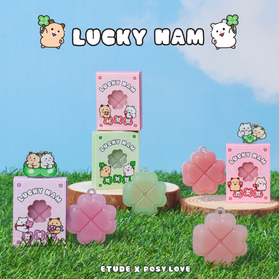 ETUDE Lucky Lip Ham Cheek [Positive Love Edition], coffret sur fond ciel et herbe, visuels Kawaii de la marque ETUDE.