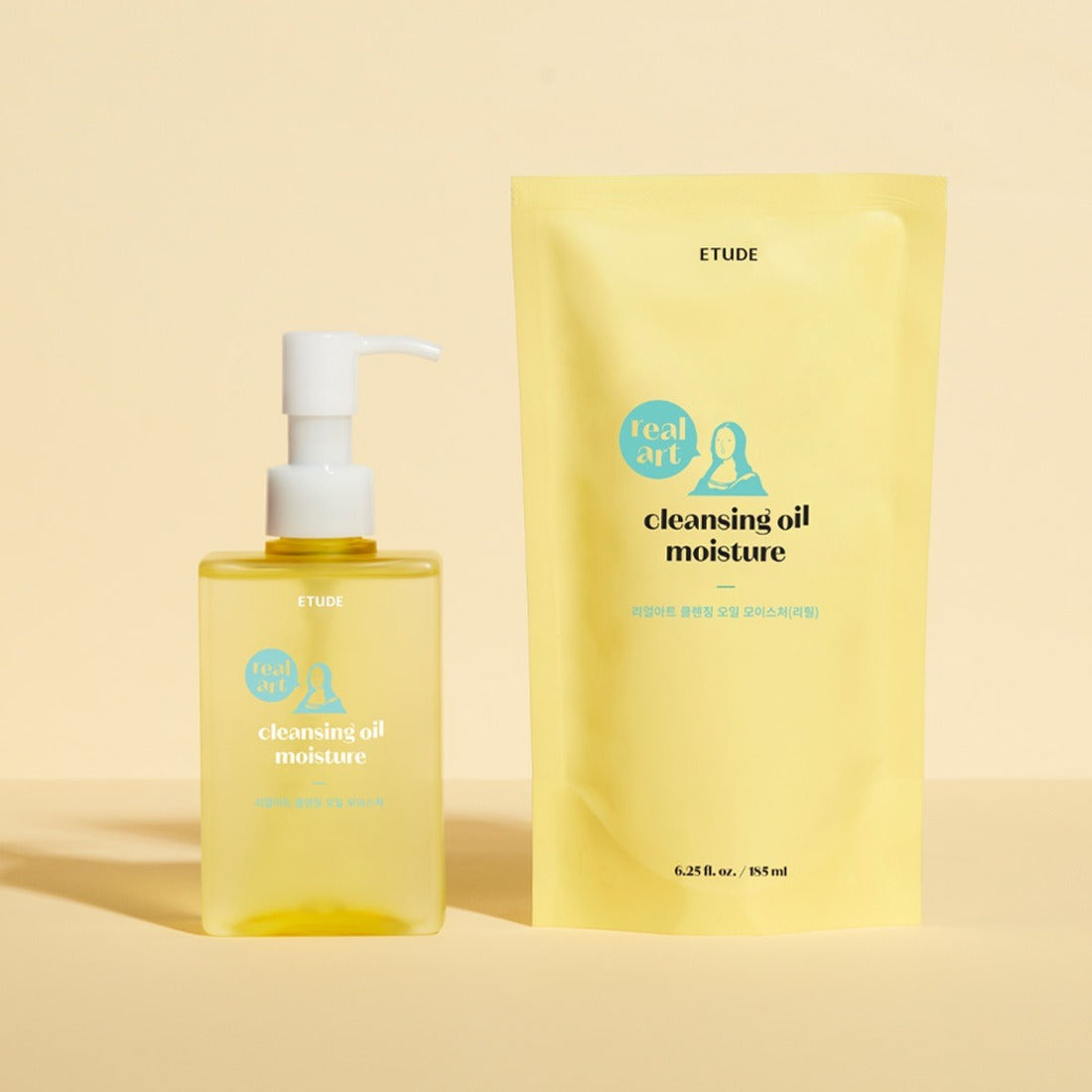ETUDE  Real Art Cleansing Oil Moisture 2-piece set (185ml+185ml) : huile démaquillante ETUDE sur fond beige.