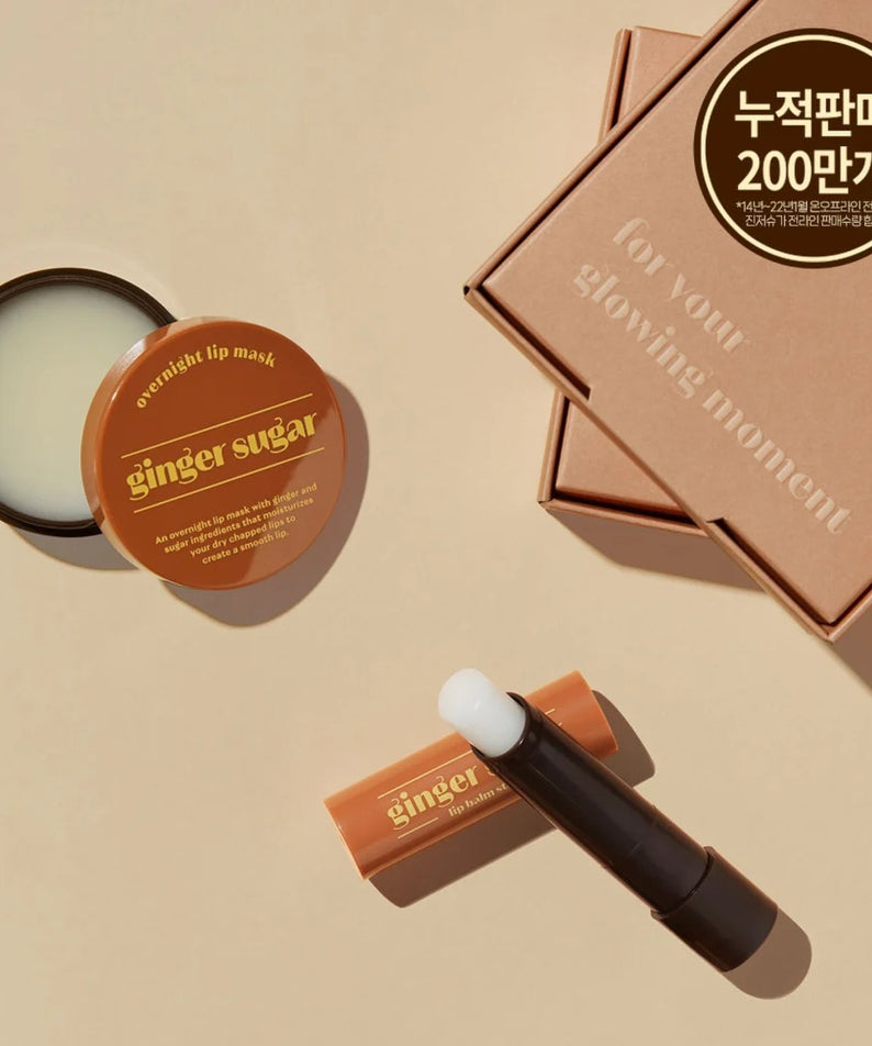 Ensemble de soins des lèvres ETUDE Ginger Sugar Lip Care 2 pièces avec baume et masque, idéal pour des lèvres douces et hydratées.