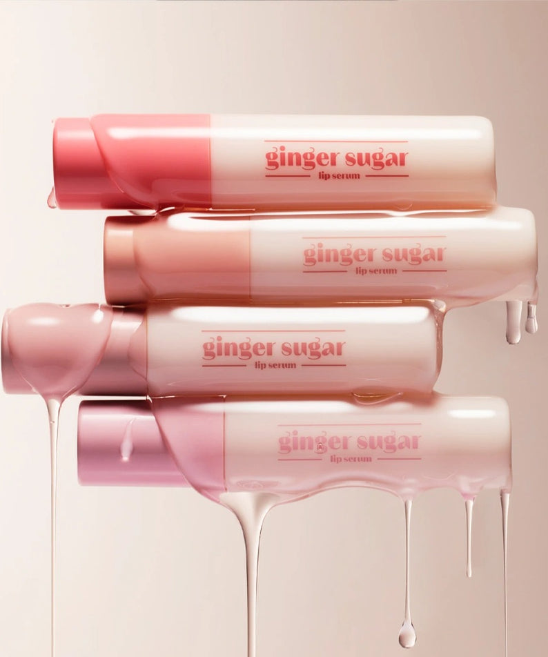 Empilement de sérums à lèvres ETUDE Ginger Sugar Lip Serum 13g dégoulinant, montrant un effet nourrissant pour les lèvres.