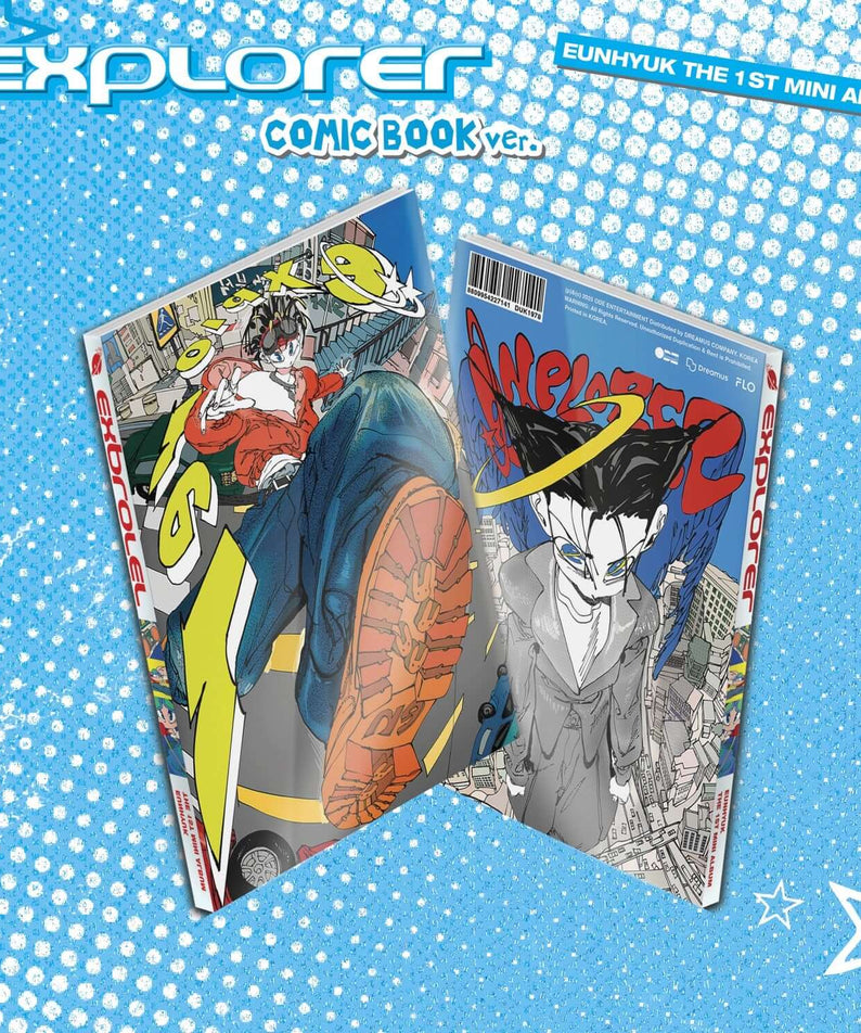 EUNHYUK - 1st Mini Album EXPLORER (Comic Book Ver.) - Album Kpop, couvertures BD sur fond bleu étoilé, photo produit