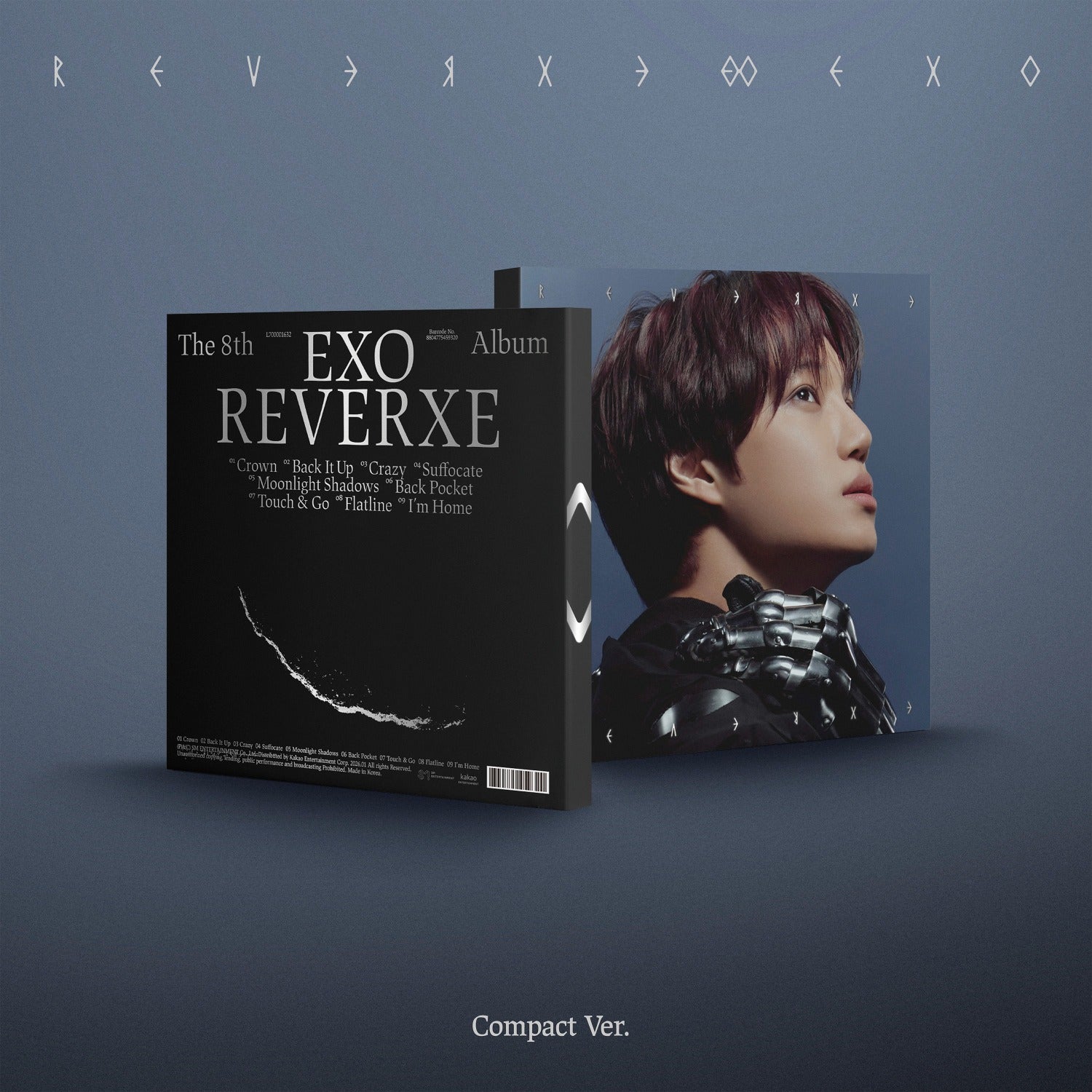 EXO - 8th Album [REVERXE] (Compact Ver.) (Random 1 of 6) - Album Kpop, pack CD noir avec photo du membre, fond bleu.
