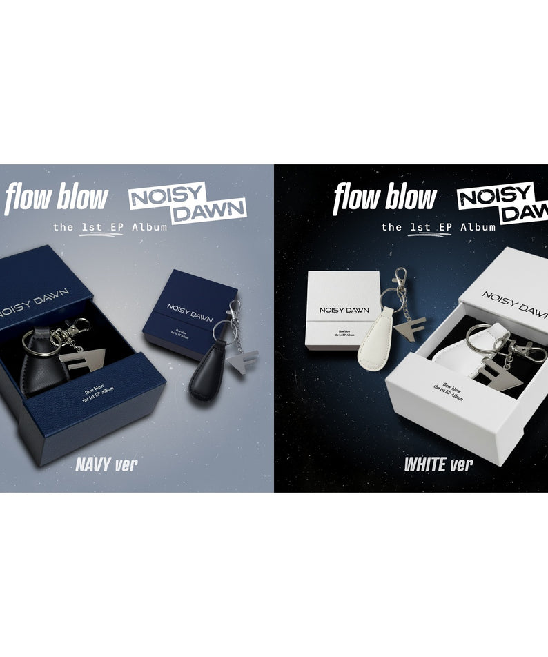 FLOW BLOW - [1st EP Album : NOISY DAWN] (Navy ver. / White ver.) (2 1 ) - Album Kpop, jaquettes avec porte-clés sur fond bleu et noir.