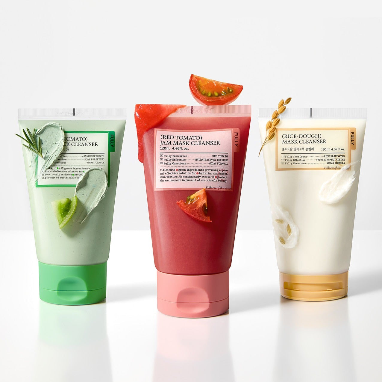 FULLY  Fully Pack Cleanser 3-piece set, produits FULLY sur fond blanc : nettoyant tomate et masque riz, pack de 3.