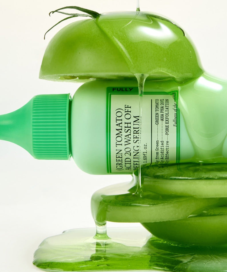 FULLY  Green Tomato Acid 20 Wash-Off Peeling Serum 50ml, marque FULLY, flacon vert sur fond clair, texture sérum en gouttes
