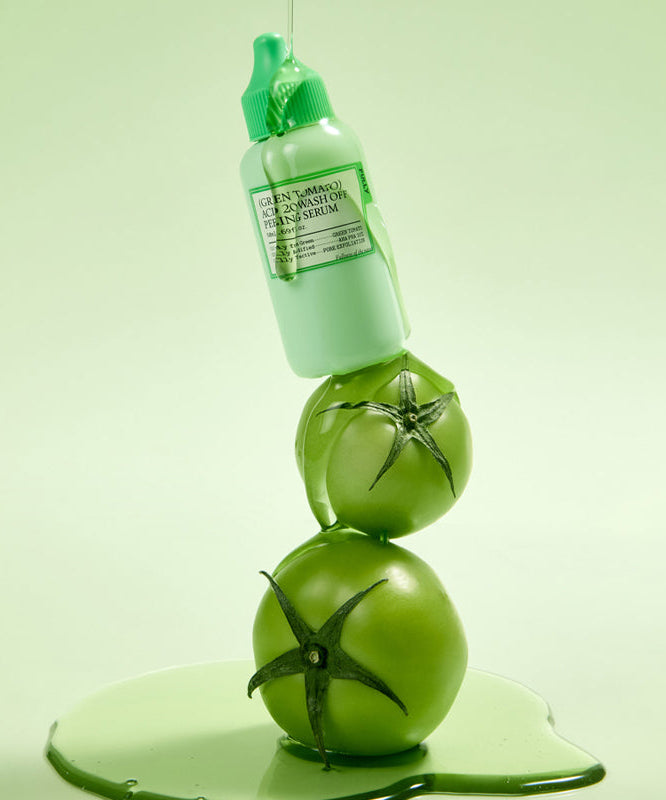 FULLY  Green Tomato Acid 20 Wash-Off Peeling Serum 50ml, flacon vert sur fond clair avec gouttes, contexte beauté