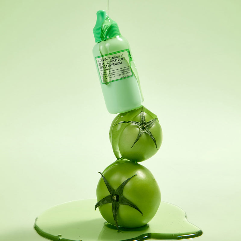 FULLY  Green Tomato Acid 20 Wash-Off Peeling Serum 50ml, flacon vert sur fond clair avec gouttes, contexte beauté