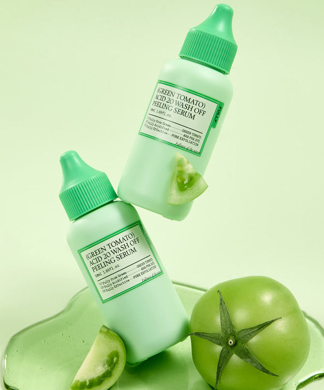 FULLY  Green Tomato Acid 20 Wash-Off Peeling Serum 50ml sur fond vert, bouteille et tomates en contexte soin visage