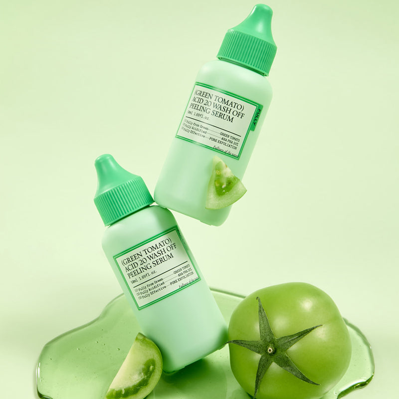 FULLY  Green Tomato Acid 20 Wash-Off Peeling Serum 50ml sur fond vert, bouteille et tomates en contexte soin visage
