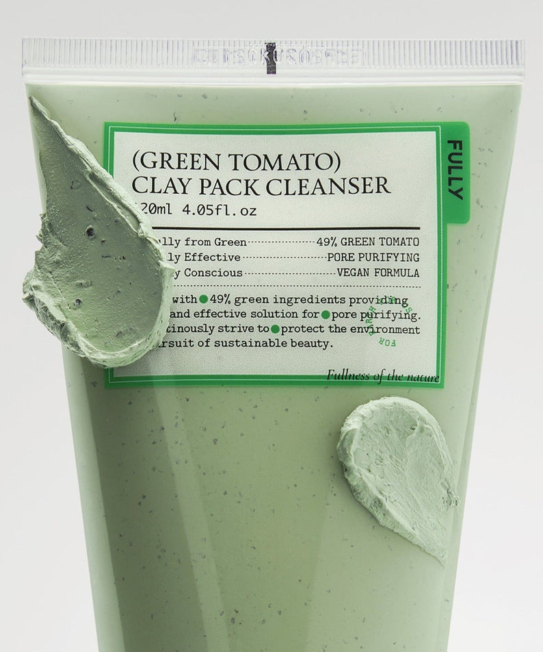 FULLY  Green Tomato Clay Pack Cleanser 120ml, tube vert CLEAN pour nettoyage visage, packaging sur fond clair.